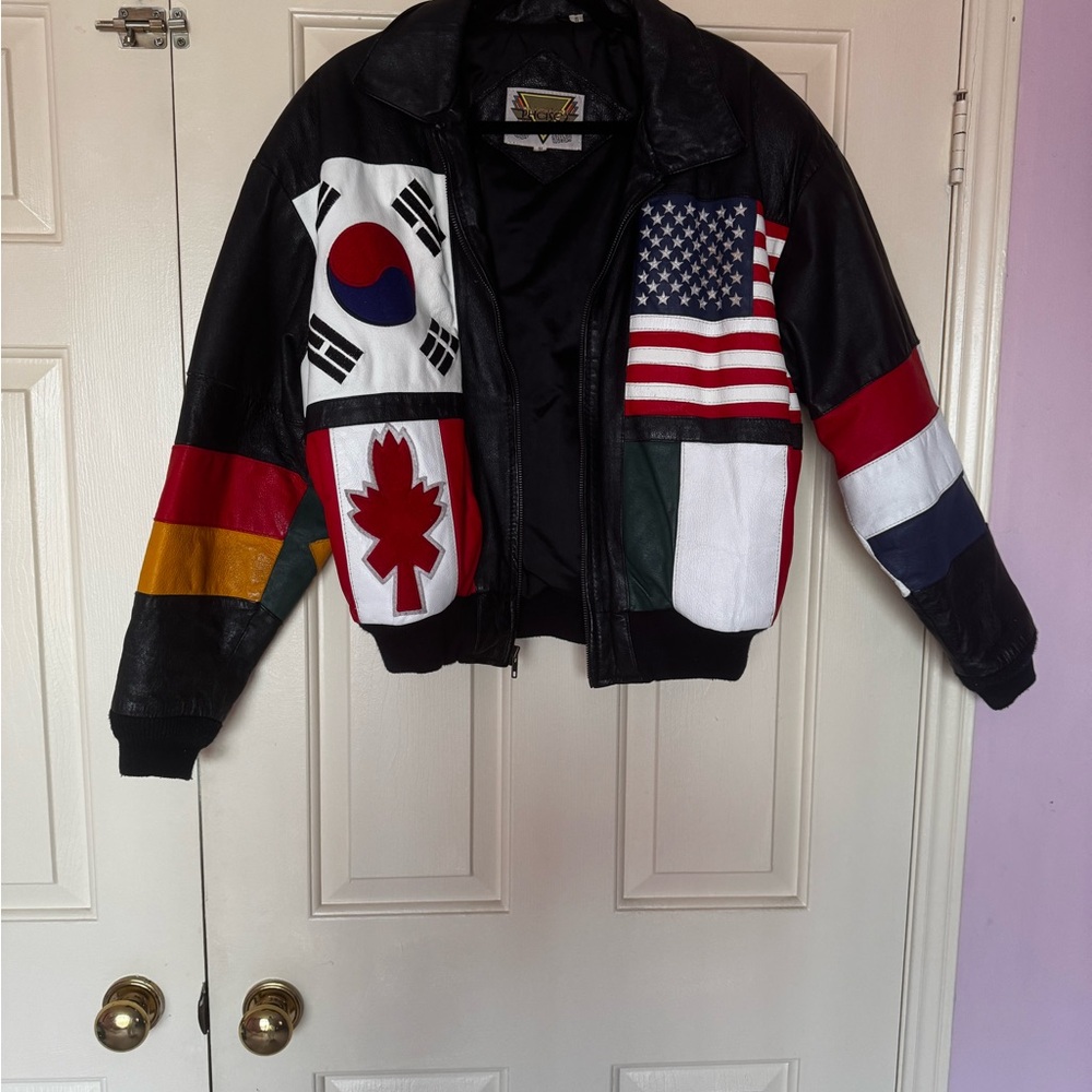 VINTAGE Leather Multicolor Flag Patch Bomber Jacket